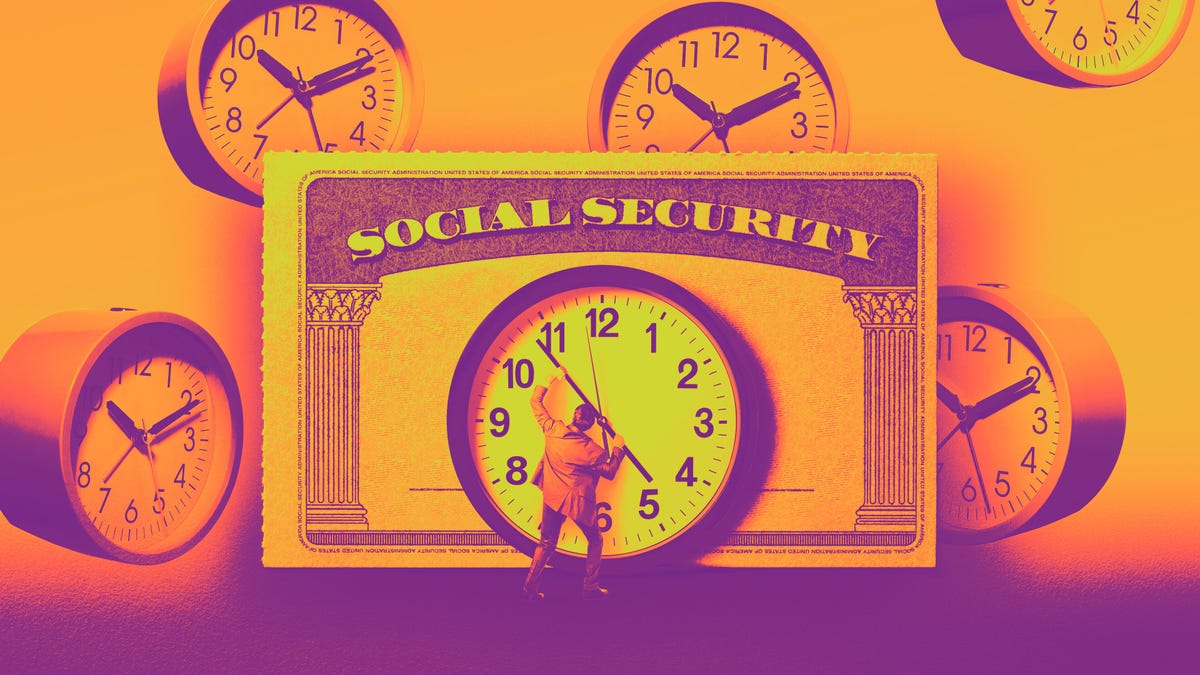 A man in a suit standing in front of a large clock holding the clock arm in place with a large Social Security card in the background.