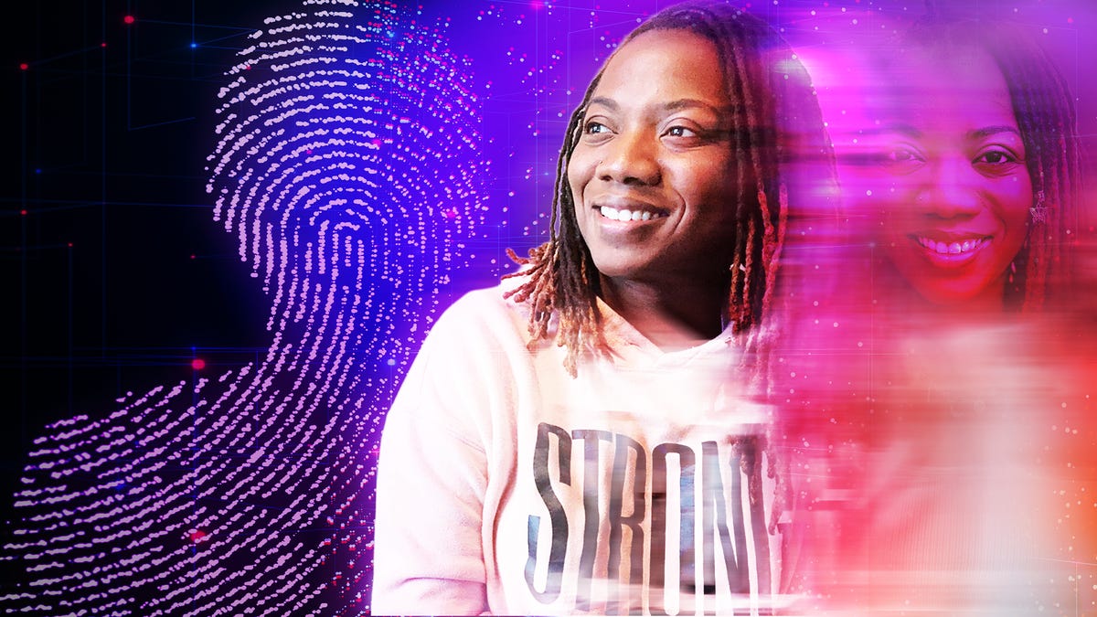 Image of Jasmine Johnson with a pad lock and neon colored background