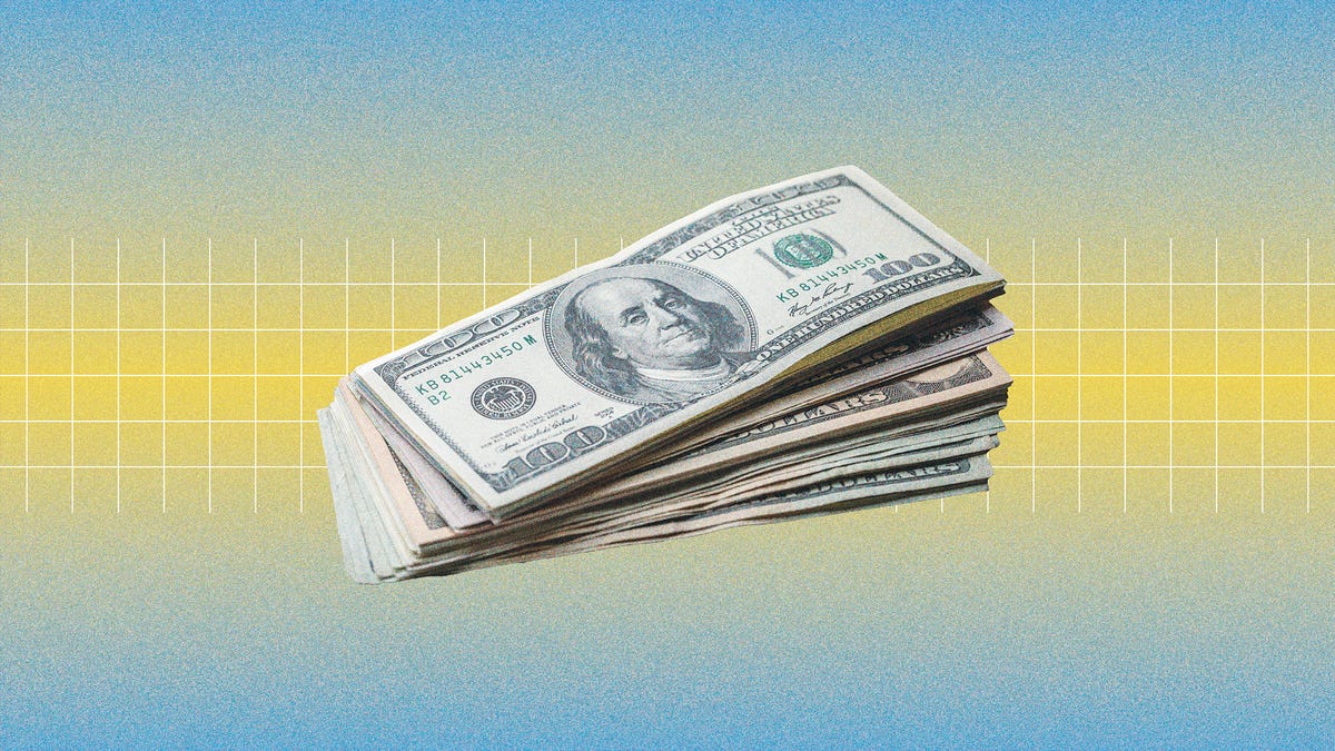 A big ol' stack of cash on a color gradient background.