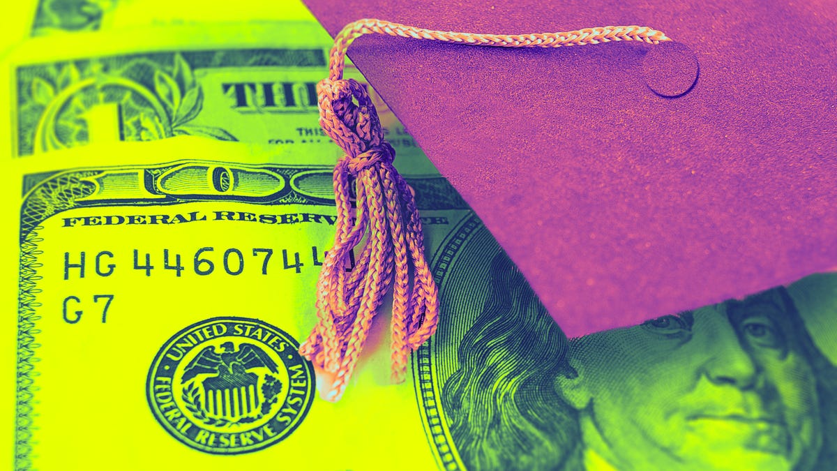 graduation cap on a stack of $100 bills