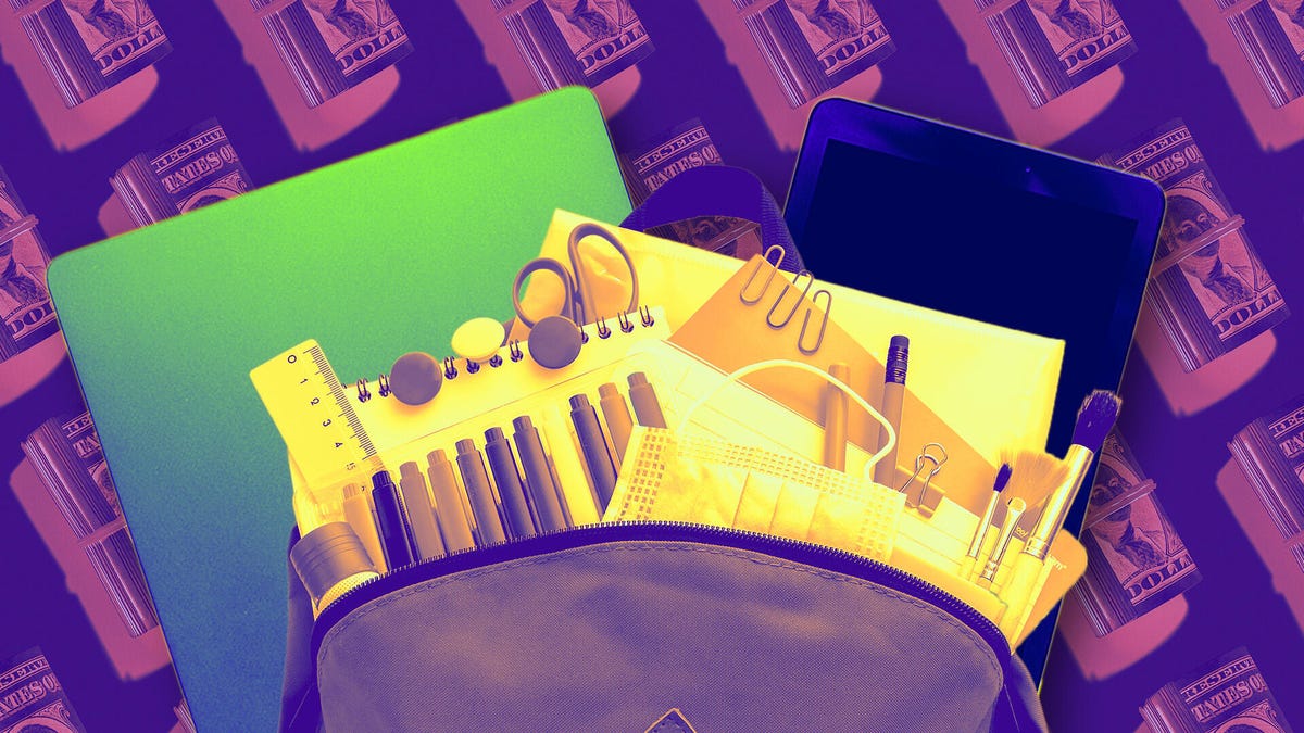 A backpack full of school supplies sits in front of a patterned dollar bill background